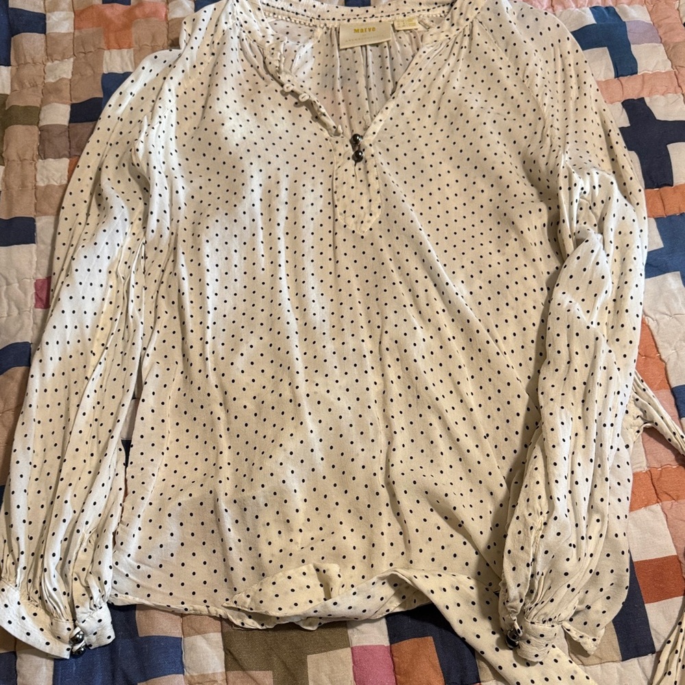 Maeve By Anthropologie- White with Black Polka Dot Long-Sleeve Blouse- US Size 6